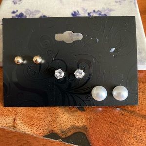 New Set Of Three Earrings Gold Tone Balls, Sparkly Circles Faux Diamonds